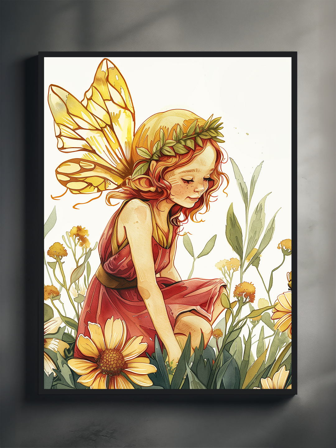 Illustrated poster showing a gentle fairy girl with golden butterfly wings, a red dress, and a leaf crown, kneeling among yellow wildflowers. The image is framed and softly lit, creating a dreamy and whimsical atmosphere.