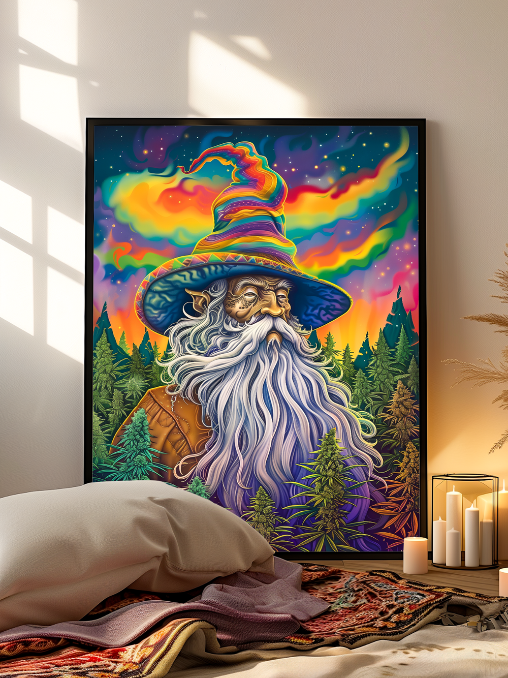Colorful wizard artwork with a black frame displayed in a bright bohemian-style room, featuring cozy pillows, patterned fabrics, and candles, with sunlight casting soft patterns on the wall.