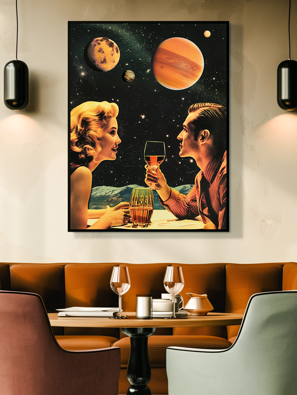 Retro-futuristic poster featuring a man and woman sharing a drink under colorful planets and a starry sky, displayed in a chic dining lounge with modern furniture, warm lighting, and elegant table settings. The vintage space art adds a nostalgic and imaginative atmosphere to the sophisticated interior, perfect for unique wall decor in contemporary homes or cafes.