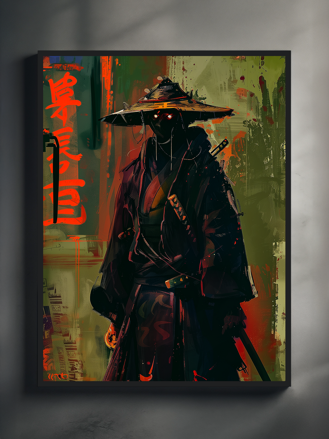 Close-up of a black-framed ronin samurai poster with vivid red and green tones, displayed against a minimalistic light wall, illuminated by natural shadows.