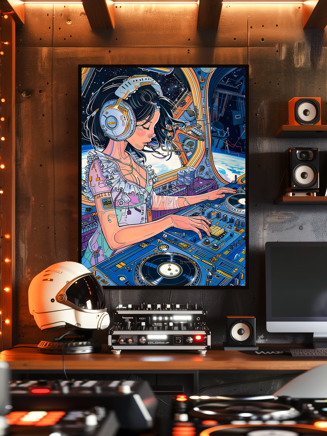 A bold, colorful poster of a female DJ in a space station, framed in a thin black minimalist frame and displayed on a dark wood wall. The close-up view reveals a futuristic music studio with LED lights, analog sound equipment, and a white astronaut helmet on the desk. The room features a warm, tech-inspired atmosphere that highlights the sci-fi artwork and creates a cohesive, immersive vibe.