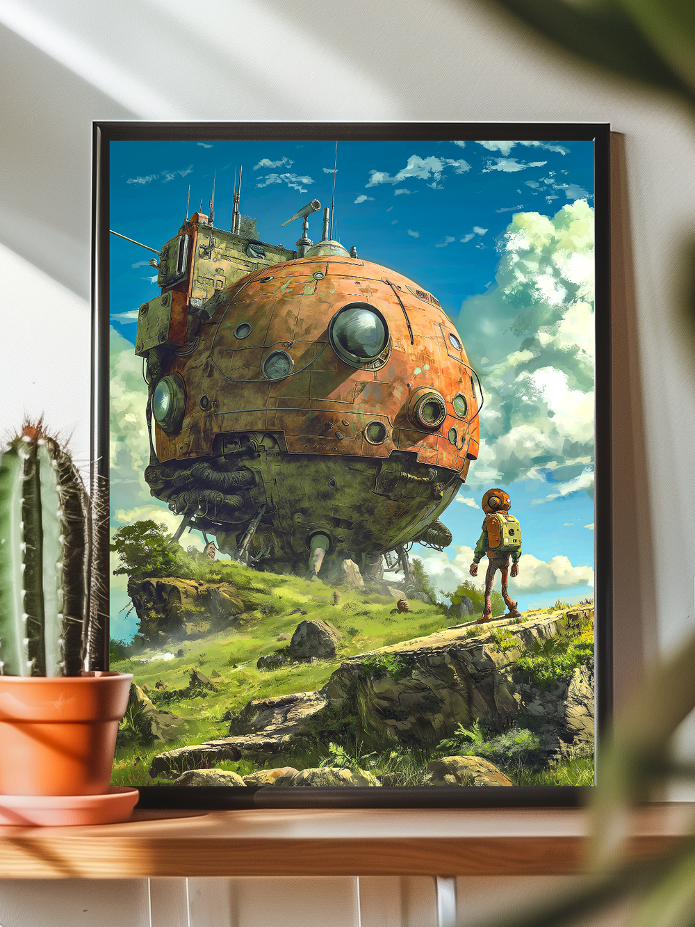 A framed science fiction art print displayed on a sunlit wooden shelf, next to a potted cactus. The poster shows a large, rusted walking spaceship with a domed structure and circular windows, standing on mechanical legs in a green valley. A humanoid robot in an orange suit and yellow backpack walks toward the machine under a bright blue sky. This retro-futuristic wall art blends nature and advanced machinery, perfect for sci-fi enthusiasts, mech art collectors, and space exploration lovers.