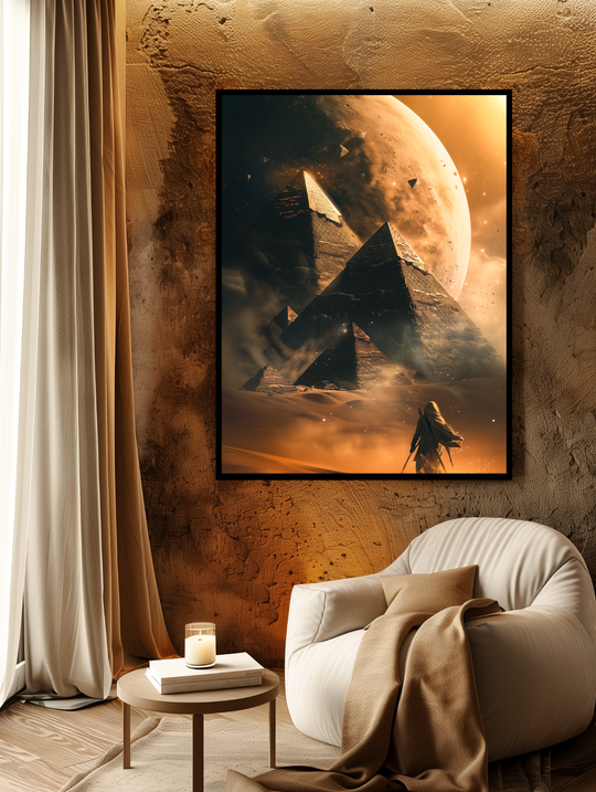 Stylish living room with textured earth-tone walls and cozy neutral furnishings, featuring a framed sci-fi poster of ancient pyramids beneath a glowing planet. Perfect inspiration for cosmic wall art, futuristic interior design, and home decor with warm desert aesthetics and surreal fantasy elements.