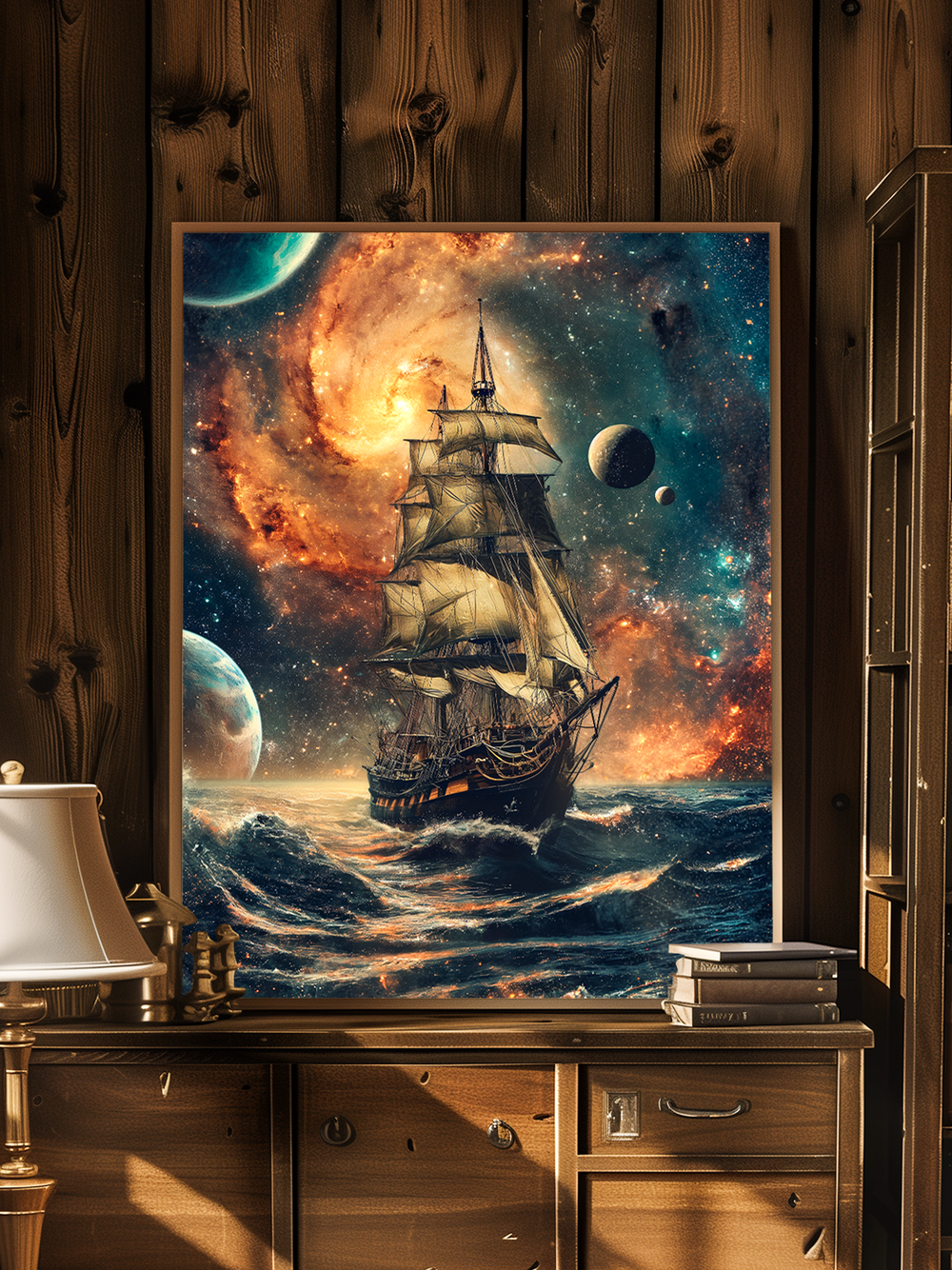 A framed poster leaning on a vintage wooden desk in a rustic room with wood panel walls and a classic lamp, featuring a cosmic ship scene with swirling galaxies and planets, blending space fantasy with traditional decor.