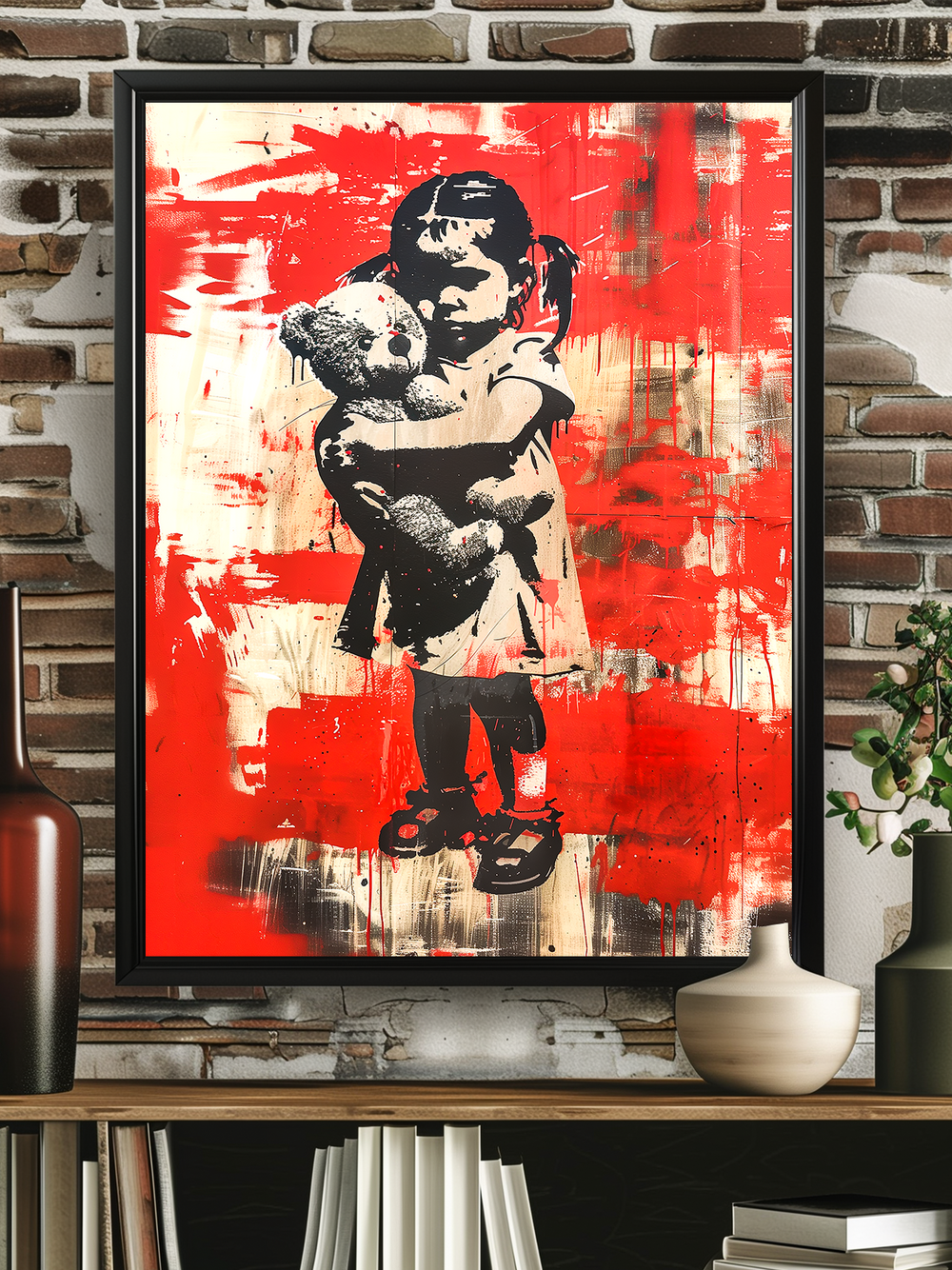 Framed street art poster showing a young girl hugging a teddy bear, set against a vibrant red graffiti background with distressed textures. The artwork hangs on a rustic brick wall above a wooden shelf decorated with books, minimalist vases, and greenery, creating a bold contrast between urban art and cozy interior design.