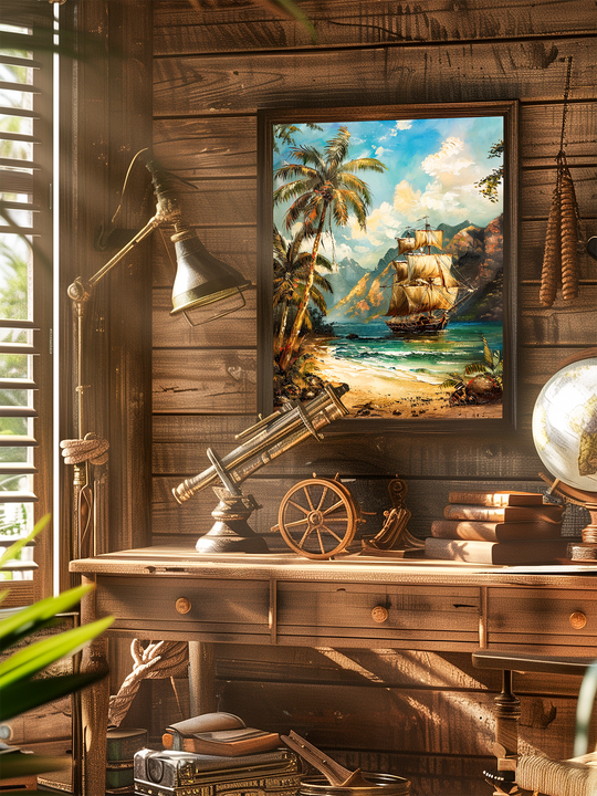 Warmly lit rustic study featuring a framed tropical sailing ship poster above a wooden desk, surrounded by a telescope, globe, vintage books, and travel-themed elements.