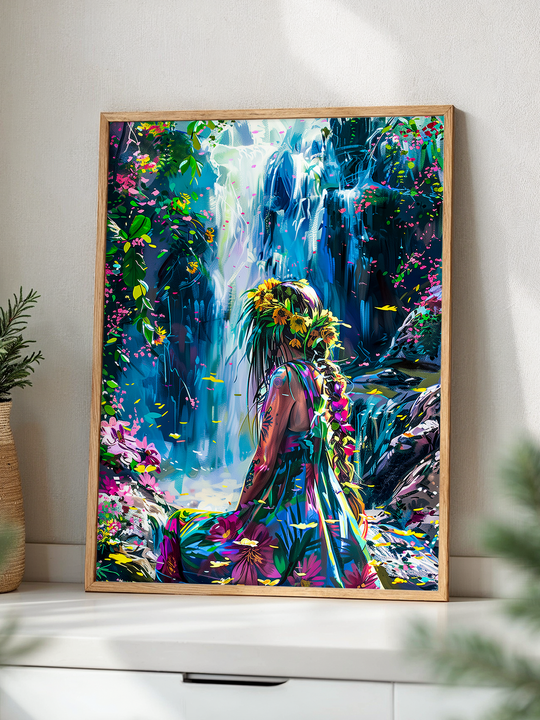 Vibrant fantasy wall art showing a woman in a colorful floral dress sitting near a tropical waterfall, framed and styled in a modern nature-inspired home interior.