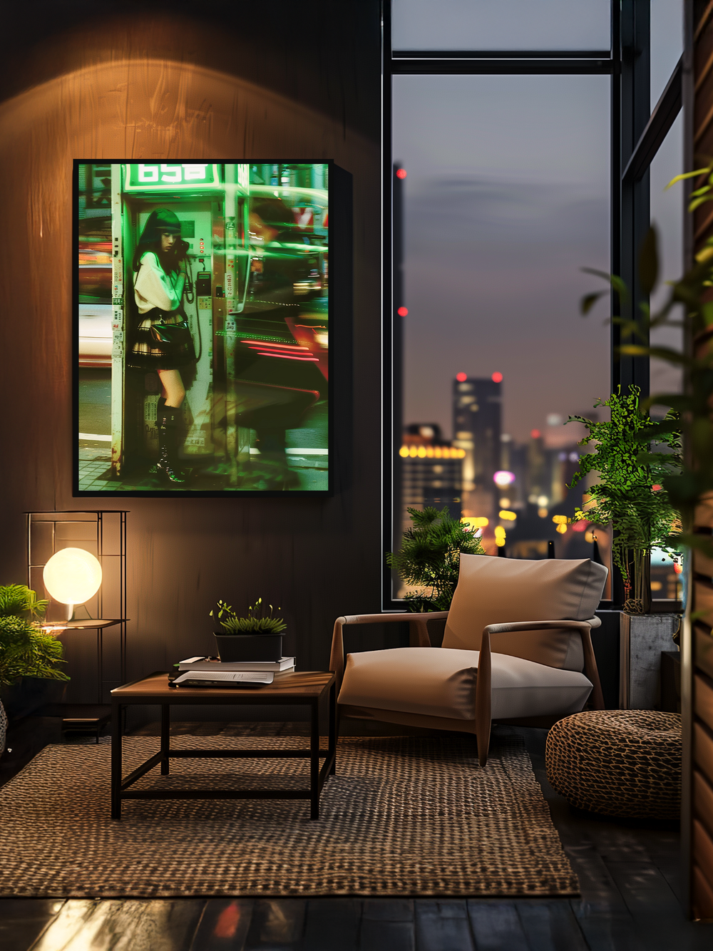 Photographic art print of a girl in a neon-lit phone booth, framed and centered on a dark wooden wall in a cozy city apartment with warm lighting, natural textures, indoor plants, and a nighttime skyline visible through tall windows, creating a relaxed and modern living room atmosphere.