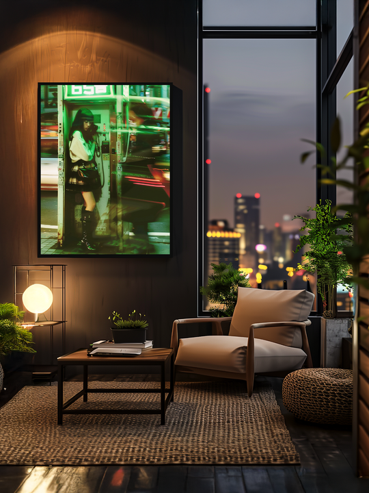 Photographic art print of a girl in a neon-lit phone booth, framed and centered on a dark wooden wall in a cozy city apartment with warm lighting, natural textures, indoor plants, and a nighttime skyline visible through tall windows, creating a relaxed and modern living room atmosphere.