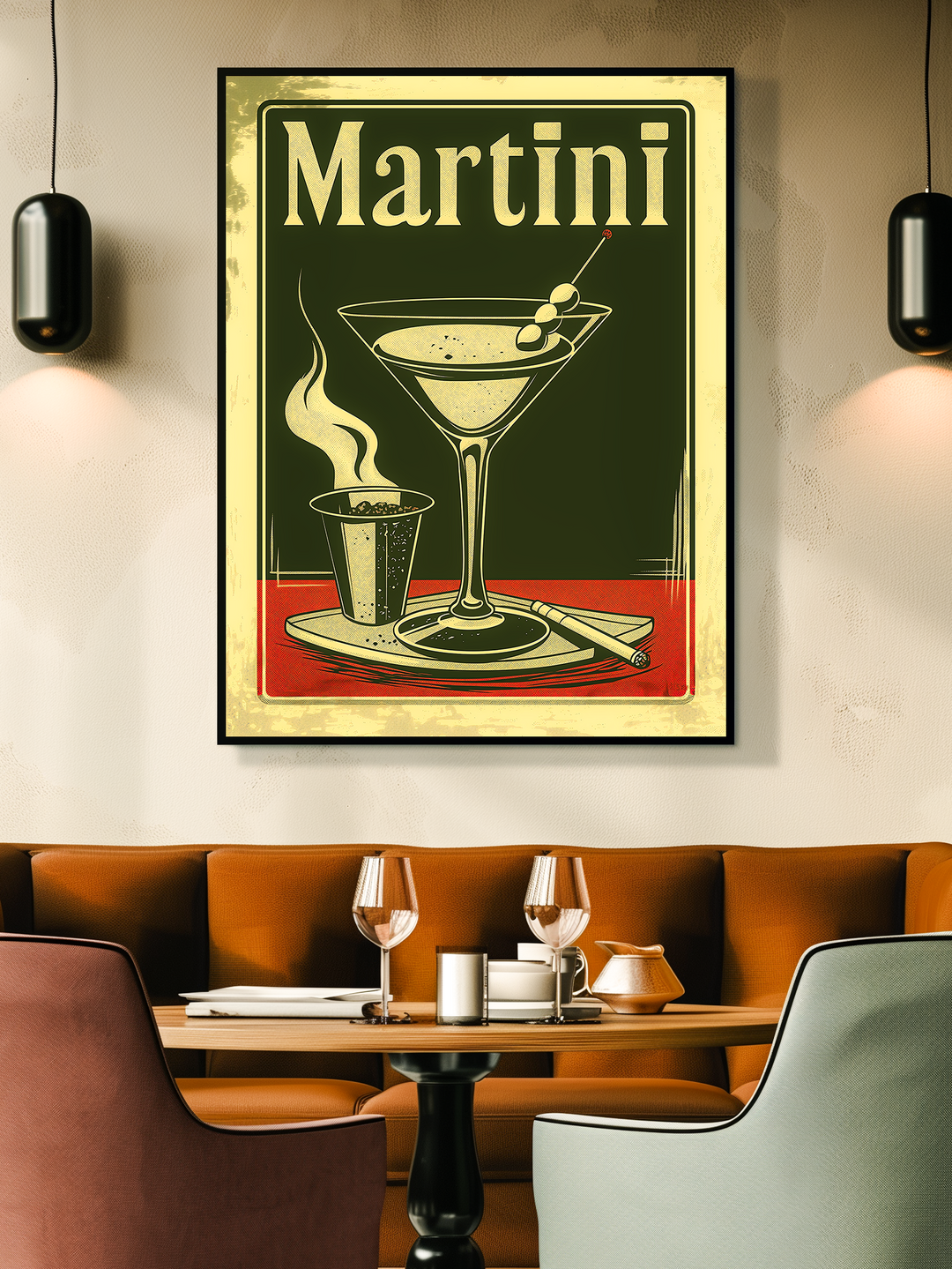 A retro-style martini poster with olive garnish hangs centered above a cozy modern dining corner with velvet chairs, wine glasses, and warm ambient lighting, creating a stylish and inviting atmosphere.