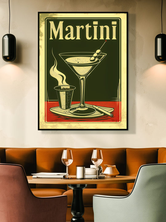 A retro-style martini poster with olive garnish hangs centered above a cozy modern dining corner with velvet chairs, wine glasses, and warm ambient lighting, creating a stylish and inviting atmosphere.