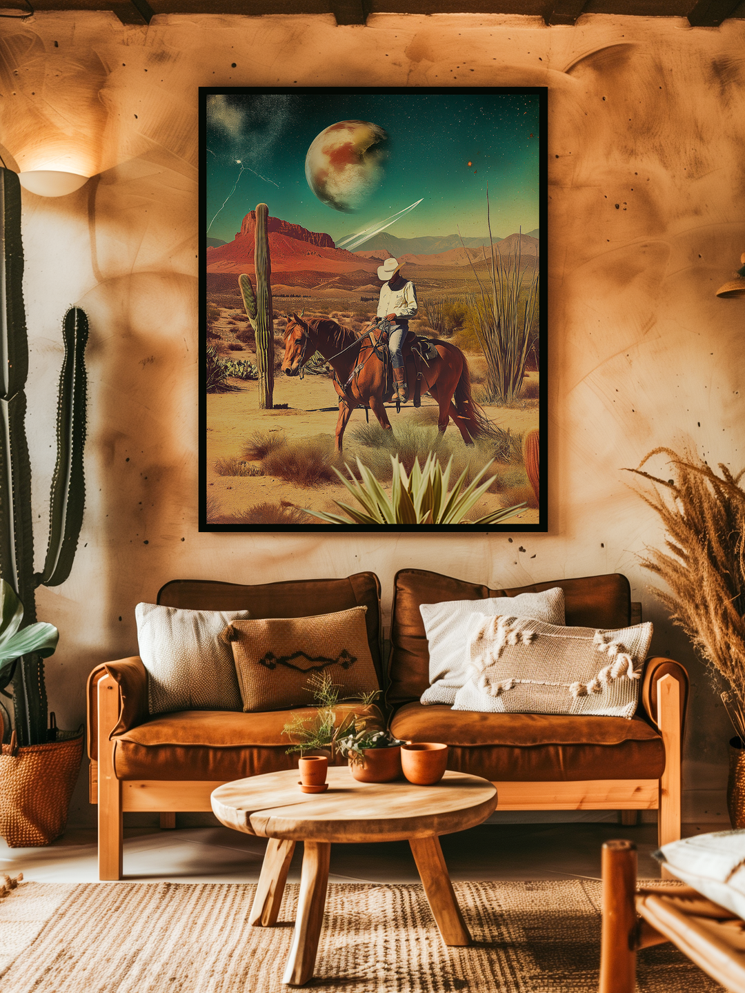 Poster featuring a cowboy on horseback beneath a surreal planet sky, displayed in a warm, earthy living room with a leather sofa, natural wood furniture, woven rugs, cacti, and dried plants, blending rustic Southwestern decor with sci-fi art.