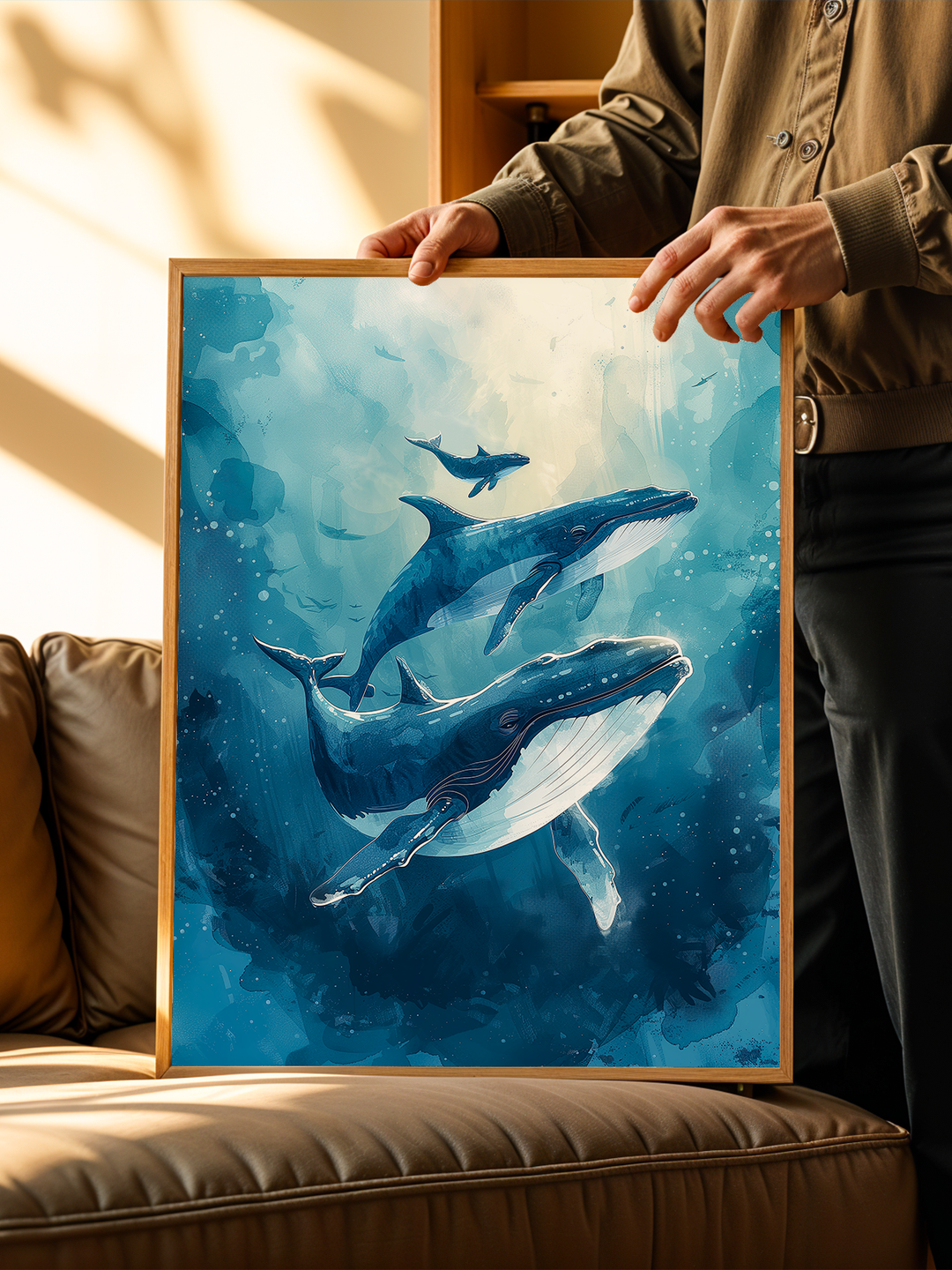 Vibrant ocean-themed whale poster in wooden frame, held by a person standing behind a leather sofa, with soft natural sunlight casting warm shadows across the scene.