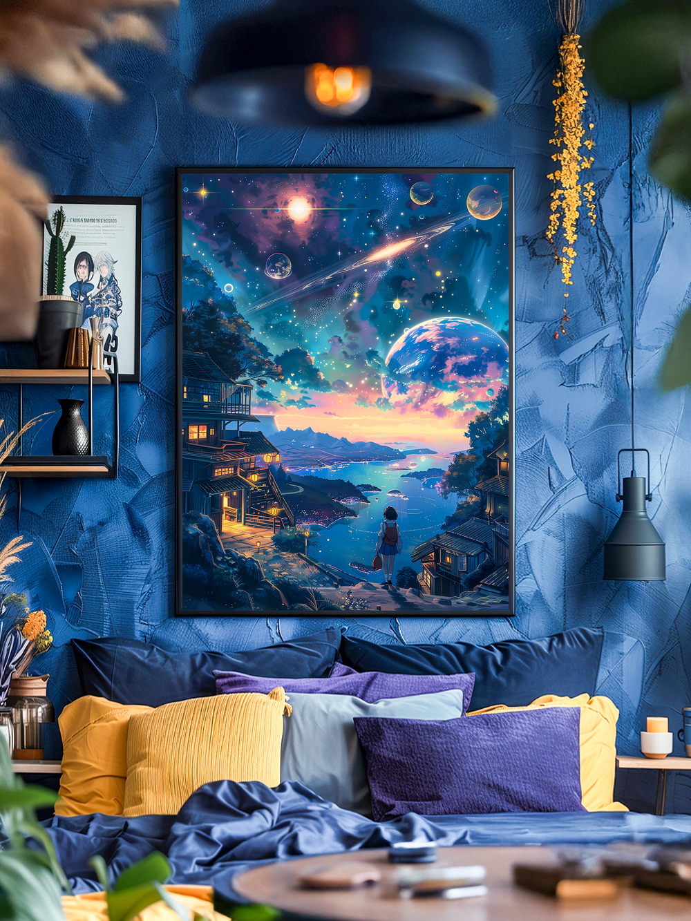 A large framed poster in dreamy adventure anime style hangs centered on a textured blue wall. The artwork features a scenic galaxy with planets, glowing skies, and a character overlooking the cosmic view, evoking a nostalgic anime atmosphere. The room has a cozy, lived-in feel with deep blue tones, purple and yellow pillows, warm lighting, and soft shadows. Out-of-focus plants and a table in the foreground create natural depth, making the space feel immersive and real.