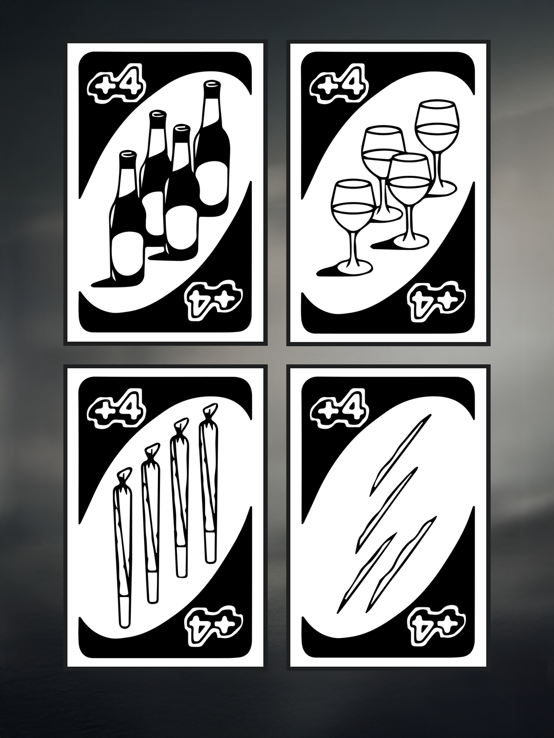 A humorous set of adult-themed UNO-style cards, each featuring a “+4” symbol with illustrations of beer bottles, wine glasses, rolled joints, and lines, referencing party and nightlife culture in a satirical and edgy design.