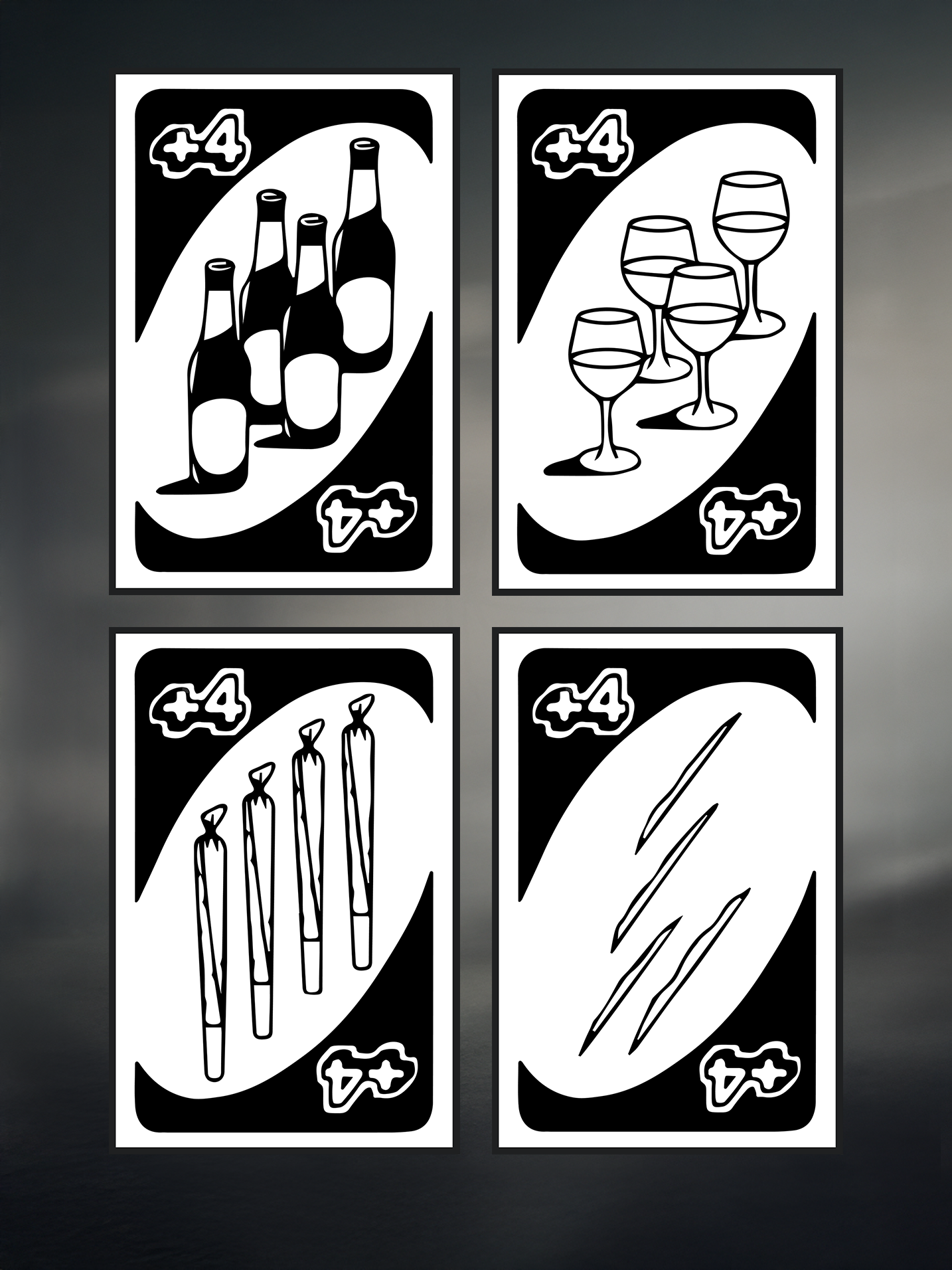 A humorous set of adult-themed UNO-style cards, each featuring a “+4” symbol with illustrations of beer bottles, wine glasses, rolled joints, and lines, referencing party and nightlife culture in a satirical and edgy design.