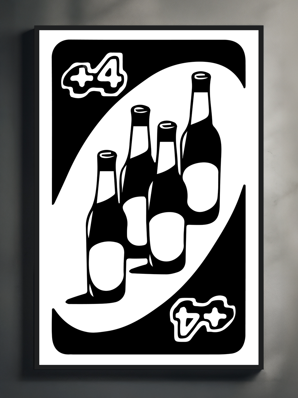A playful black and white art print mimicking a UNO +4 card, featuring four stylized beer bottles in place of traditional card elements, combining humor with bold graphic design for party-themed decor.