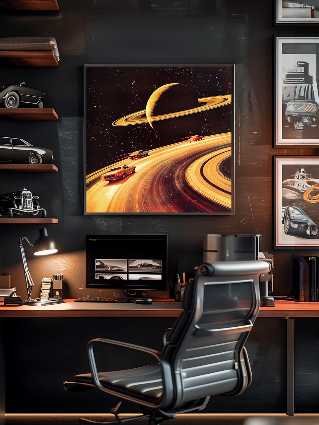 A dark, stylish workspace featuring a retro sci-fi poster of race cars speeding along Saturn’s rings. The framed artwork is the focal point above a wooden desk with a large monitor displaying car designs. Surrounding the setup are car models, sketches, and shelves with vintage automotive elements. A modern ergonomic chair and ambient lighting complete the moody, design-focused environment.