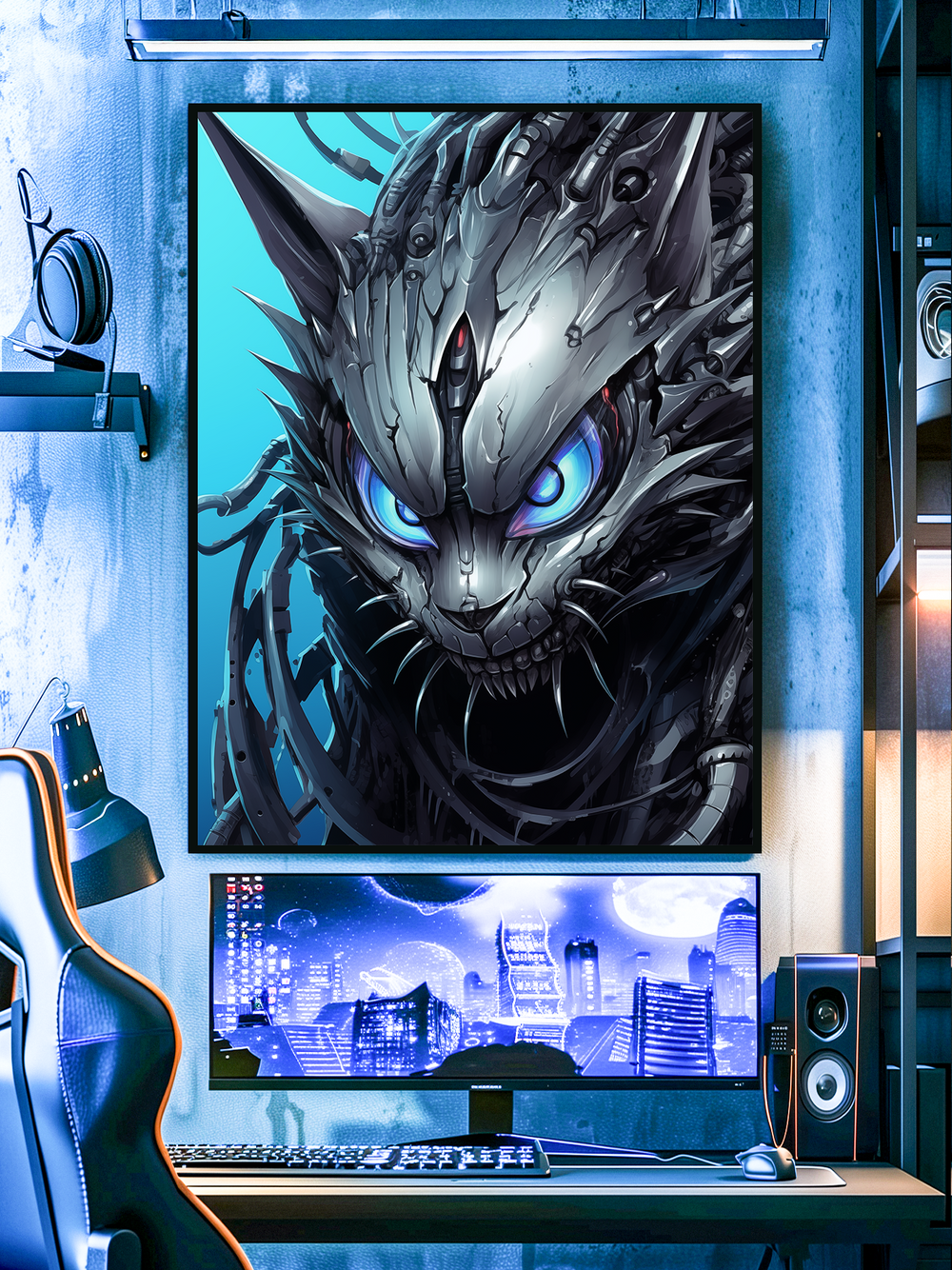 Striking wall art showing a cybernetic cat with glowing blue eyes and sharp metallic features, blending animalistic and robotic elements. The design uses dark steel tones and vivid blue highlights, creating an intense sci-fi look. Displayed above a gaming desk with dual monitors, sleek speakers, and modern LED lighting, the artwork enhances the high-tech cyberpunk vibe of the room.