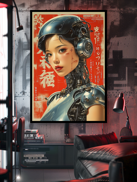 Striking cyberpunk poster of a woman with robotic features and a metallic headset, set against a vivid red background with Japanese characters. Displayed in a modern industrial room with black leather seating, concrete walls, and ambient red lighting, the artwork creates a bold futuristic atmosphere.