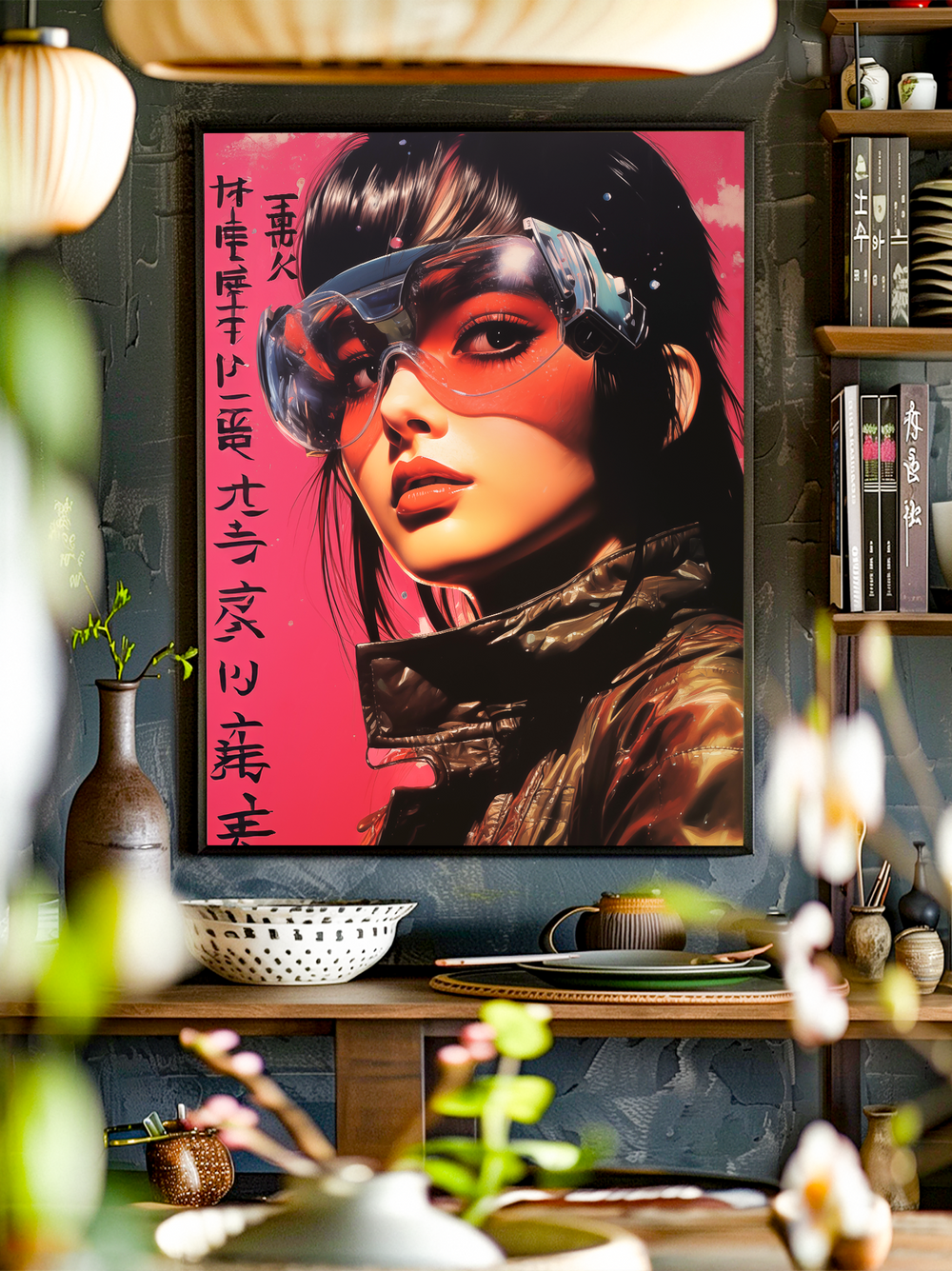 Modern cyberpunk poster artwork featuring a striking female character with glossy black hair, wearing high-tech translucent goggles, set against a vivid neon red backdrop with bold Japanese typography. The futuristic design blends sci-fi aesthetics with vibrant urban art, making it a statement wall piece in any contemporary interior.