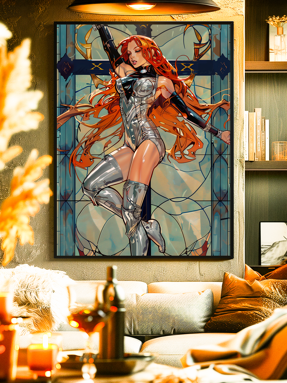 Premium fantasy artwork of a strong futuristic woman in silver suit, surrounded by vibrant stained glass patterns with cross details, inspired by church art and modern sci fi. Great for unique wall decor.