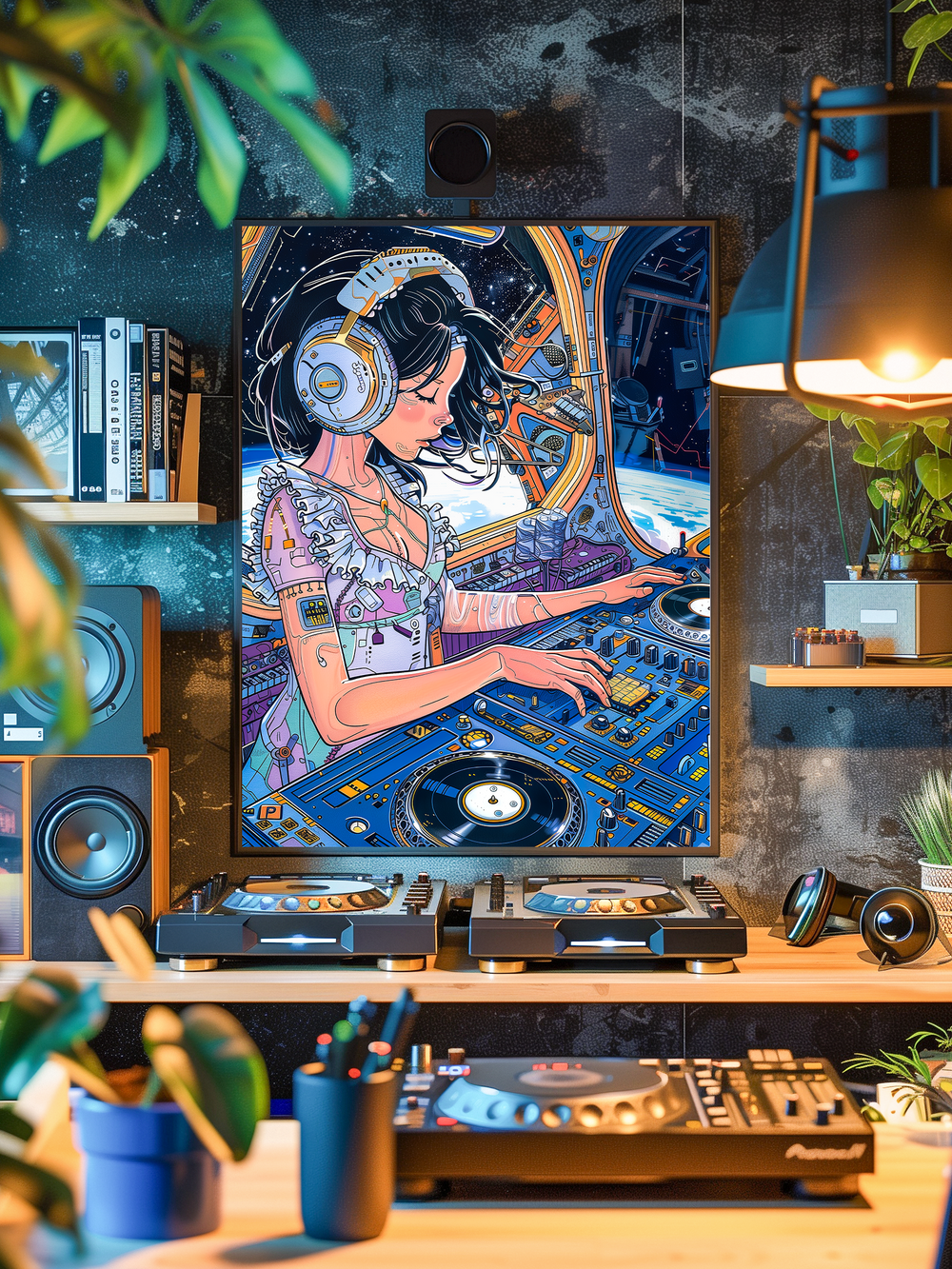 A vibrant poster of a futuristic female DJ wearing headphones is displayed on a dark textured wall inside a cozy, modern music studio. The poster features a sci-fi aesthetic with space elements and colorful controls. Surrounding the artwork are books, plants, speakers, and professional DJ equipment, including turntables and mixers. Warm lighting, shelving, and foreground blur from indoor plants create depth and atmosphere.