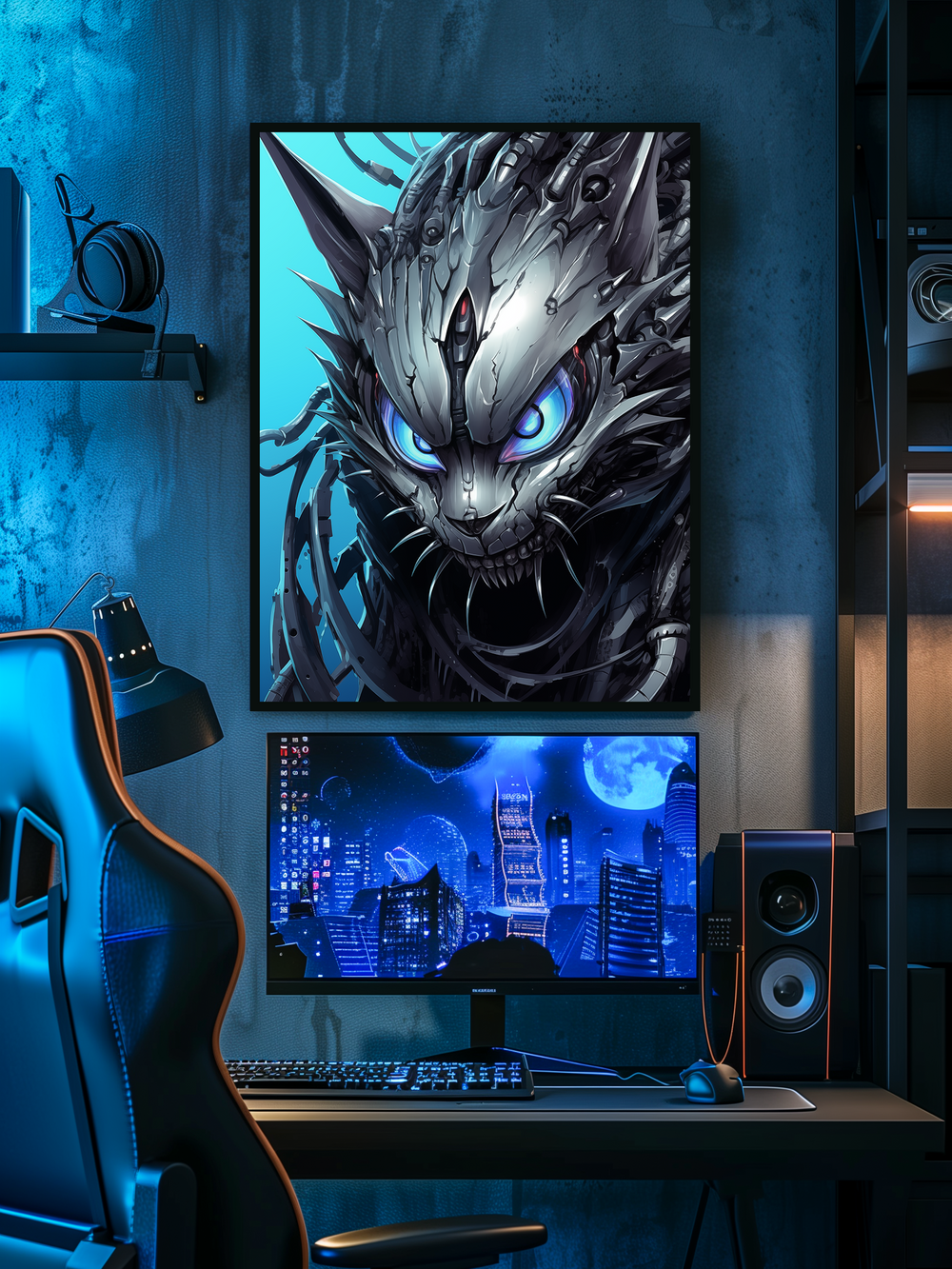 A modern gaming desk setup in a dark room featuring a large monitor with a futuristic cityscape wallpaper, a mechanical keyboard, a gaming chair, and high-end speakers. Above the monitor hangs a striking poster of a cybernetic cat with glowing blue eyes, adding a sci-fi touch to the blue-lit environment.