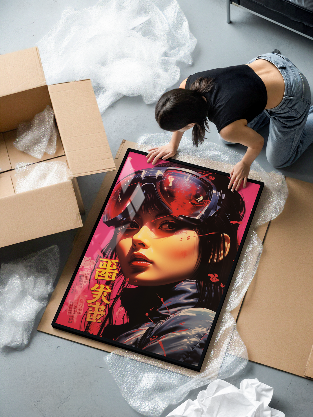 A framed wall art print featuring a futuristic Japanese-inspired racer portrait with glossy digital shading, vivid pink tones, reflective goggles, and bold stylized Japanese typography inside a sleek black frame, resting on bubble wrap beside open packaging.