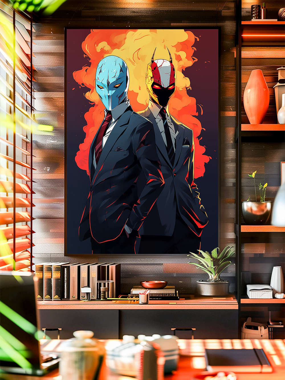 Bold artwork of two masked figures in sharp suits, one with a blue mask and the other with a red and yellow design, standing side by side against a fiery flame backdrop. The dramatic composition conveys power, unity, and a futuristic aesthetic, making it a striking statement piece for modern wall art collections.