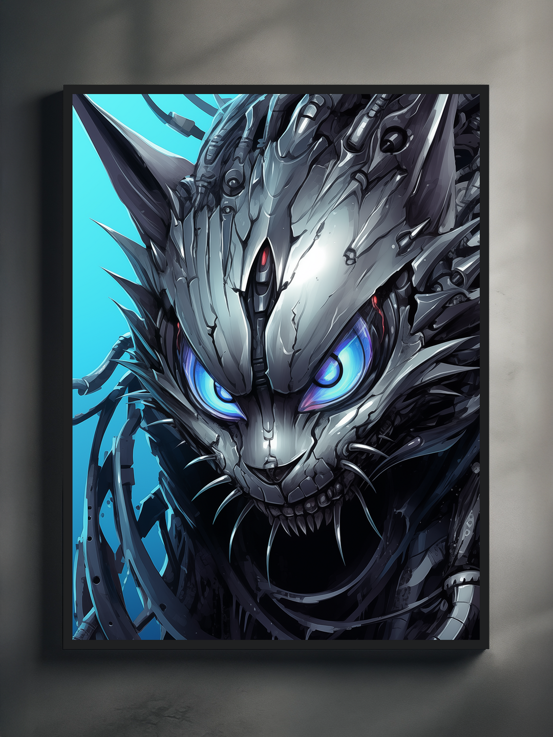 Close-up view of a cyberpunk-style panther with glowing blue eyes and sharp metallic features. The artwork has a high-tech, robotic design and is displayed in a black frame against a neutral wall background.