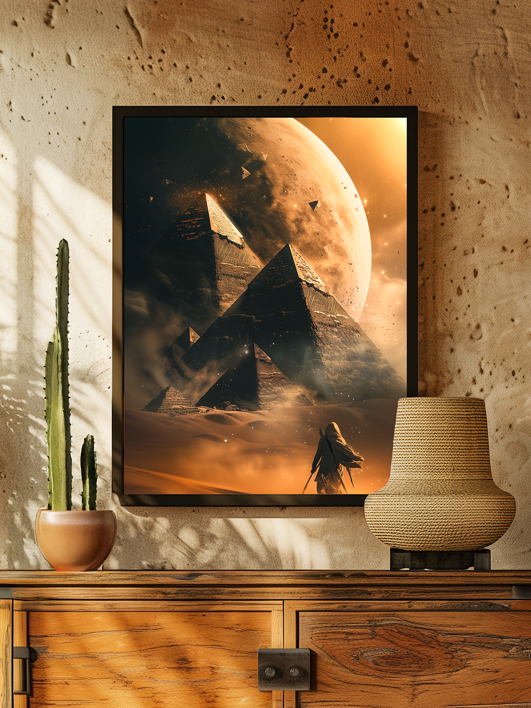 Framed sci-fi pyramid poster with cosmic planet backdrop showcased in a rustic-modern room featuring natural wood furniture, textured wall, cactus plants, and woven lamp. A perfect blend of futuristic artwork and earthy interior decor, ideal for home styling with desert-inspired minimalist elements and fantasy poster designs.