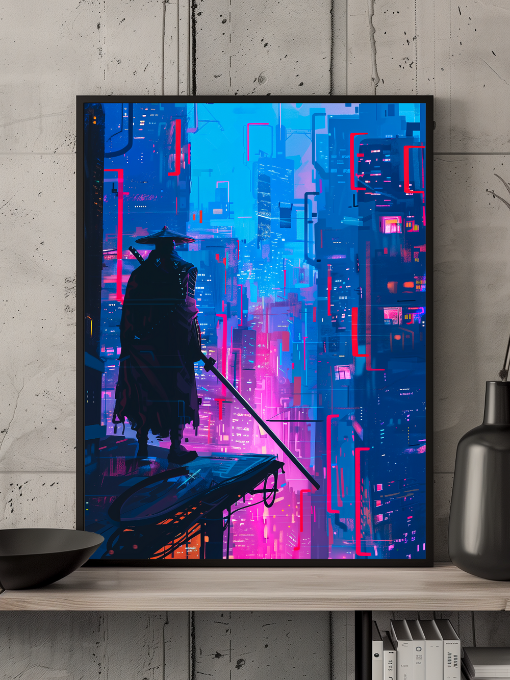 A futuristic Ronin poster featuring a lone warrior overlooking a neon-lit cyberpunk city, displayed in a black frame against a raw concrete wall with minimalistic decor.
