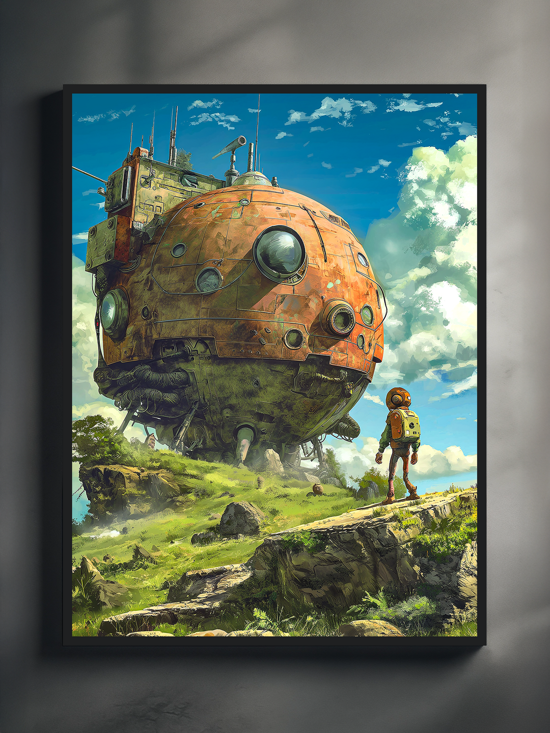 A sci-fi poster featuring a large, rusted, walking spaceship with round windows and antennas, resting on mechanical legs in a vivid green landscape. A humanoid robot with an orange suit and yellow backpack approaches the machine under a bright blue sky filled with clouds. This retro-futuristic art print blends nature and advanced technology, perfect for fans of science fiction wall art, mech-inspired artwork, and imaginative space travel scenes.