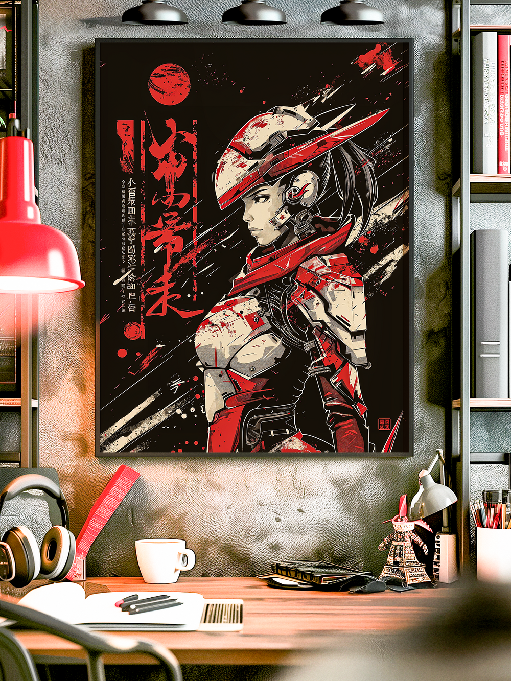 Striking cyberpunk poster depicting a futuristic female samurai in a detailed helmet and armor, accented with bold red and white tones. Japanese typography fills the background alongside abstract brushstroke effects, blending traditional kanji with modern sci-fi aesthetics. A bold piece of wall art combining Japan-inspired design, futuristic warrior imagery, and cyberpunk style.