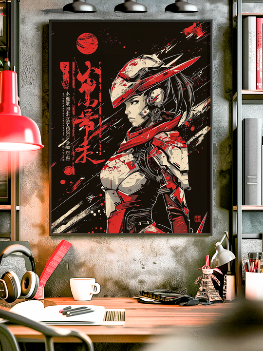 Striking cyberpunk poster depicting a futuristic female samurai in a detailed helmet and armor, accented with bold red and white tones. Japanese typography fills the background alongside abstract brushstroke effects, blending traditional kanji with modern sci-fi aesthetics. A bold piece of wall art combining Japan-inspired design, futuristic warrior imagery, and cyberpunk style.
