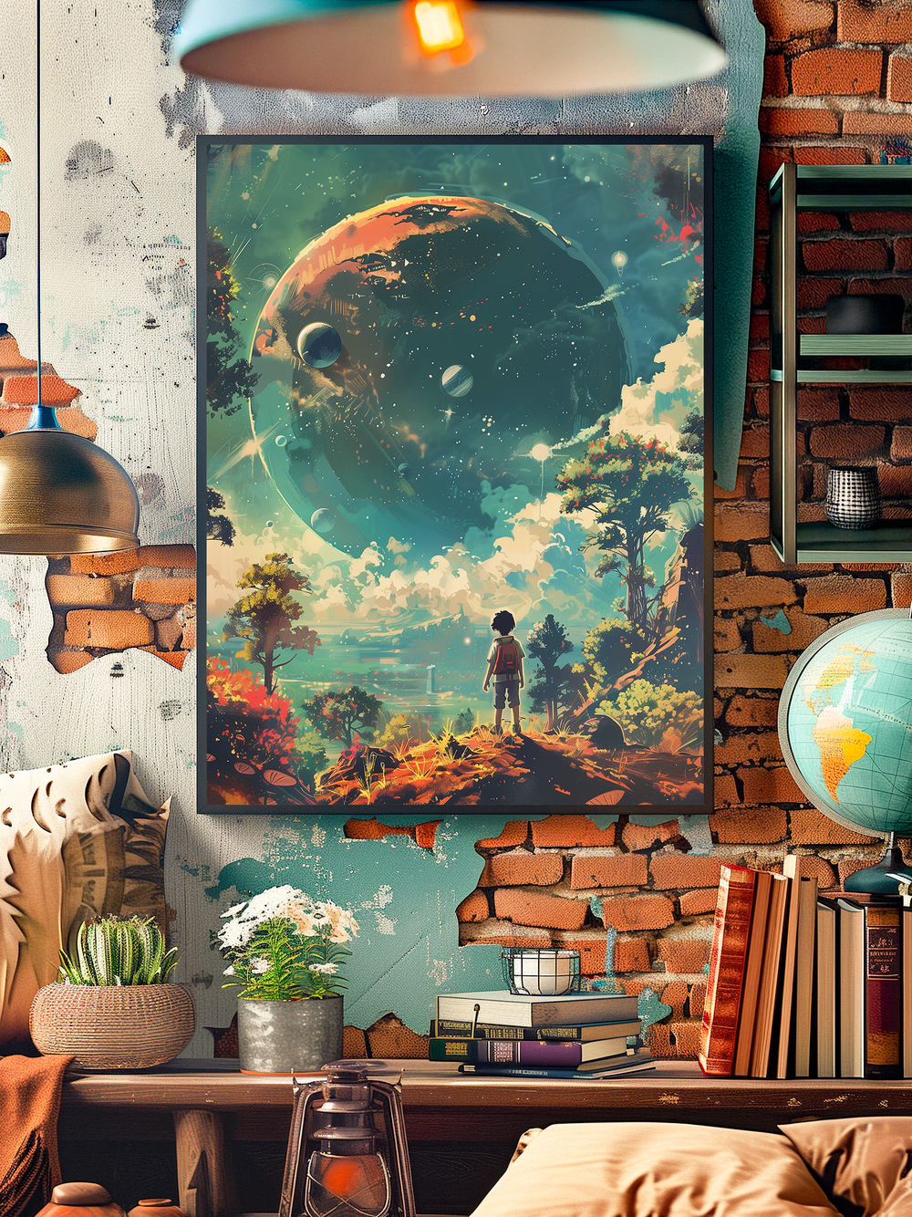 A vibrant science fiction poster depicting a young explorer gazing at a colossal planet in the sky, framed in black and displayed on a rustic brick wall with teal paint accents. The cozy room includes bookshelves, potted plants, a globe, and warm ambient lighting, creating depth and a harmonious blend of adventure and comfort.