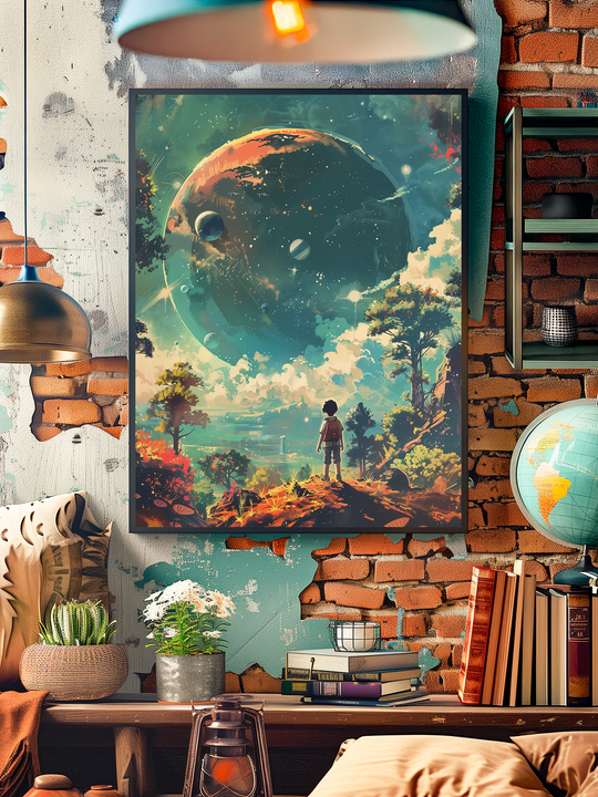 A vibrant science fiction poster depicting a young explorer gazing at a colossal planet in the sky, framed in black and displayed on a rustic brick wall with teal paint accents. The cozy room includes bookshelves, potted plants, a globe, and warm ambient lighting, creating depth and a harmonious blend of adventure and comfort.