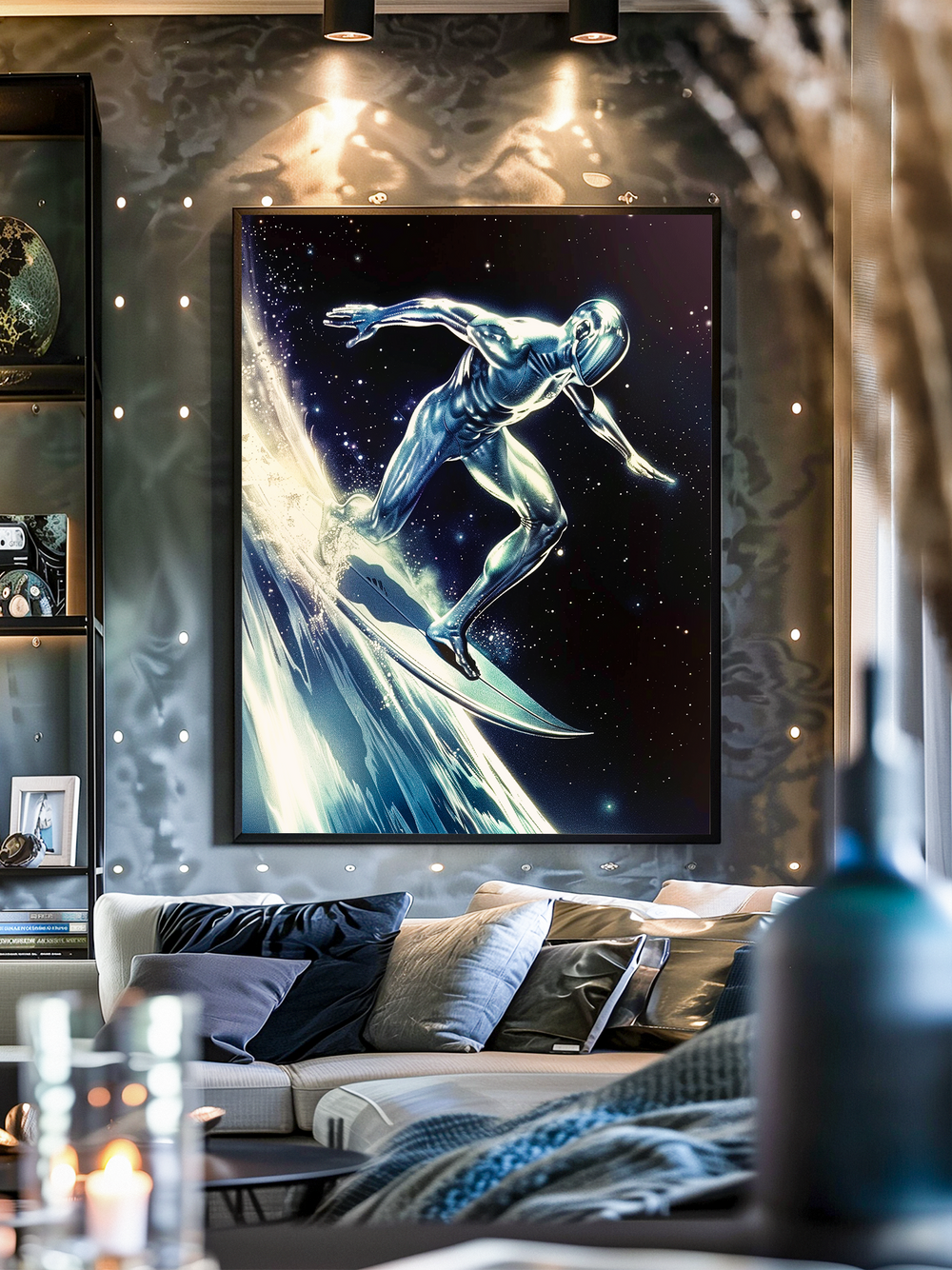 A modern sci-fi poster featuring a chrome space surfer riding a cosmic wave, elegantly displayed in a luxurious living room with plush cushions, ambient lighting, and dark-toned wall decor that enhances the galactic atmosphere of the artwork.