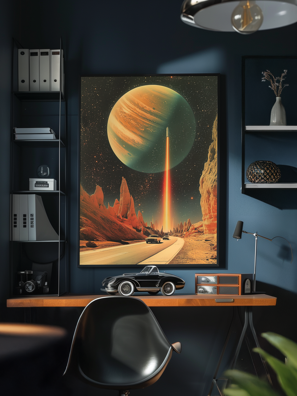 A sleek modern office with dark blue walls featuring a large framed poster of a surreal space scene with a glowing planet, red rock formations, and a futuristic car driving toward a bright beam of light. The workspace includes minimalist shelves, a scale model of a classic convertible car on the desk, and contemporary decor elements like a desk lamp and indoor plant, creating a stylish and creative atmosphere.
