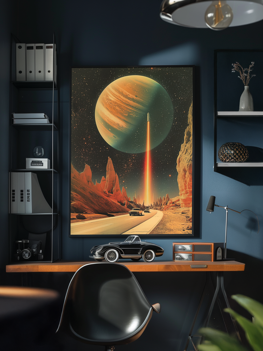 A sleek modern office with dark blue walls featuring a large framed poster of a surreal space scene with a glowing planet, red rock formations, and a futuristic car driving toward a bright beam of light. The workspace includes minimalist shelves, a scale model of a classic convertible car on the desk, and contemporary decor elements like a desk lamp and indoor plant, creating a stylish and creative atmosphere.
