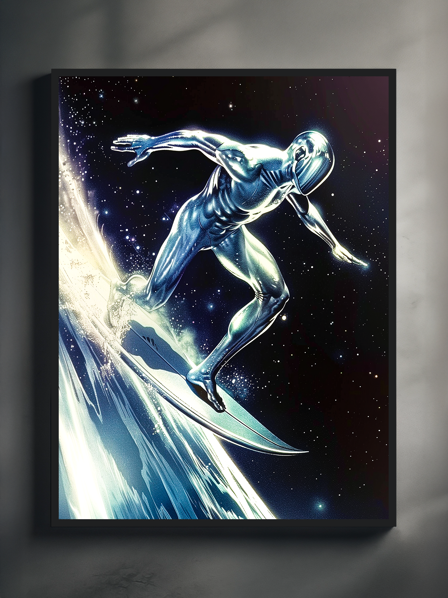A sci-fi art print of a silver figure surfing through space, framed in black and displayed against a bright, minimalist white wall with soft shadowed lighting.