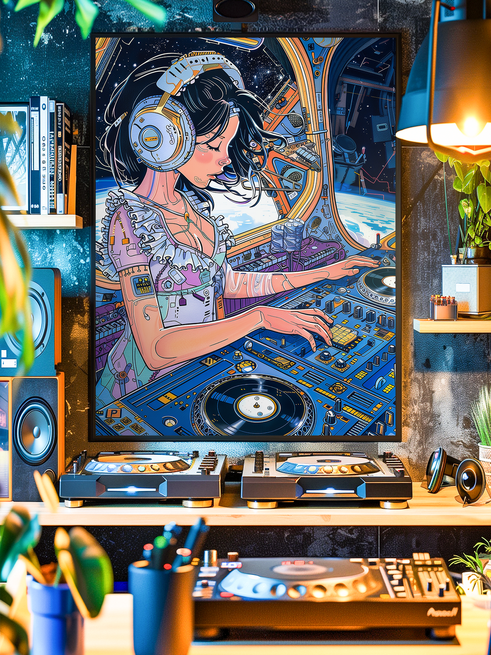 A colorful retrofuturistic wall art poster showing a female DJ with large headphones mixing music inside a cosmic spaceship, displayed in a modern studio room with vinyl players, warm lighting, books, plants and stylish decor. Perfect for music lovers and sci-fi art enthusiasts.