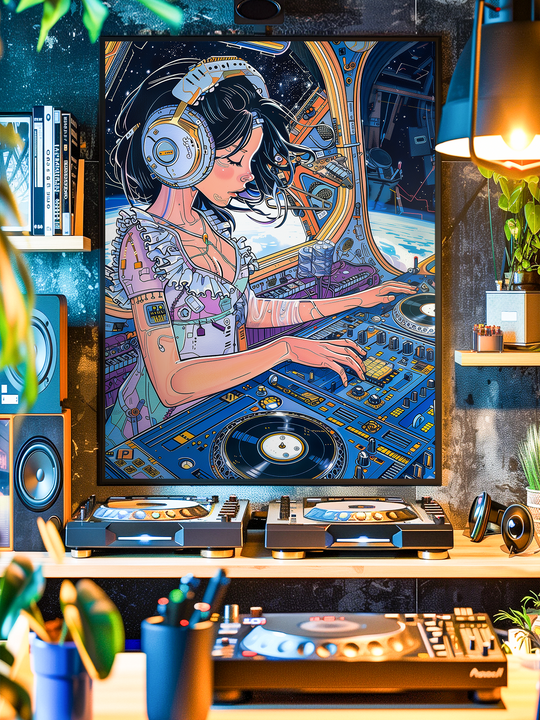 A colorful retrofuturistic wall art poster showing a female DJ with large headphones mixing music inside a cosmic spaceship, displayed in a modern studio room with vinyl players, warm lighting, books, plants and stylish decor. Perfect for music lovers and sci-fi art enthusiasts.