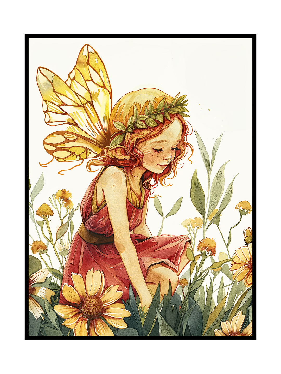A soft, storybook-style illustration of a young fairy kneeling among blooming wildflowers, with delicate golden wings and a leafy crown resting in her curly hair. Warm sunlight washes over the scene, highlighting earthy reds, yellows, and greens that create a calm, dreamlike atmosphere. The artwork blends fantasy and nature with gentle textures and flowing lines, evoking innocence, serenity, and a quiet connection to the natural world.