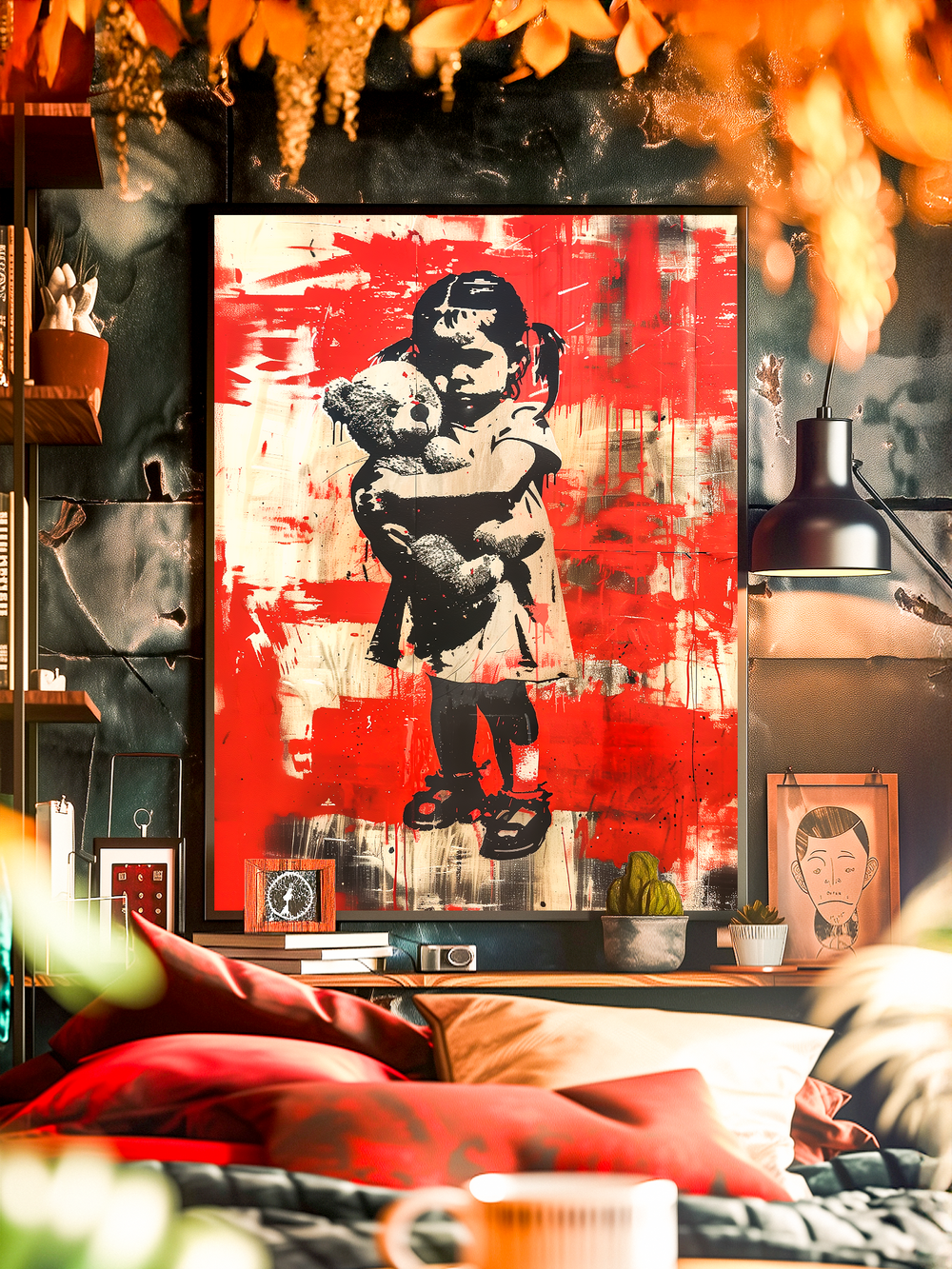 Frontal view of a modern bedroom featuring a bold street art poster of a girl hugging a teddy bear against a red abstract background, surrounded by cozy decor elements like hanging plants, framed art, bookshelves, and warm lighting.