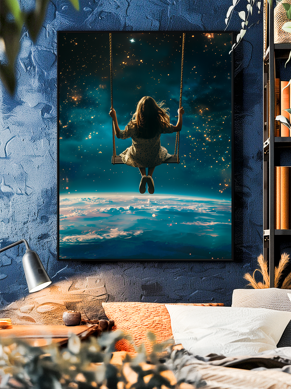 A surreal art poster showing a young girl sitting on a swing high above Earth, gazing into a glowing star-filled galaxy. The scene blends dreamlike fantasy and cosmic wonder, with vibrant blues and shimmering lights. Displayed on a textured blue wall in a cozy bedroom with modern decor, bookshelves, and soft lighting.