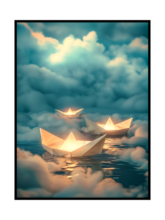 A dreamy scene showing small paper boats gently floating on still water, each softly illuminated from within by warm golden light. The boats drift among low, cloud-like mist that blends into a pastel sky filled with soft blues and greens. Reflections shimmer on the water’s surface, creating a calm, ethereal atmosphere that feels quiet, peaceful, and slightly surreal, evoking a sense of wonder and gentle motion.