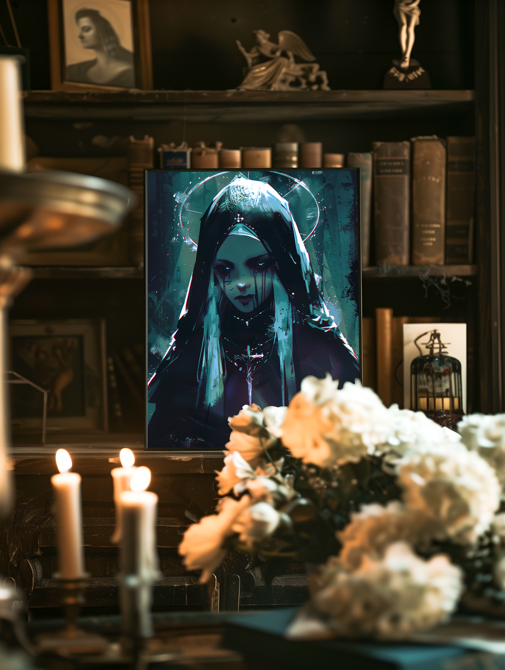 A surreal gothic-style poster of a glowing blue nun is displayed in a thin minimalist black frame, centered on a dark vintage bookshelf surrounded by antique books, candles, and blurred white flowers in the foreground. The scene features soft moody lighting and religious decor elements, creating a mystical and atmospheric composition.