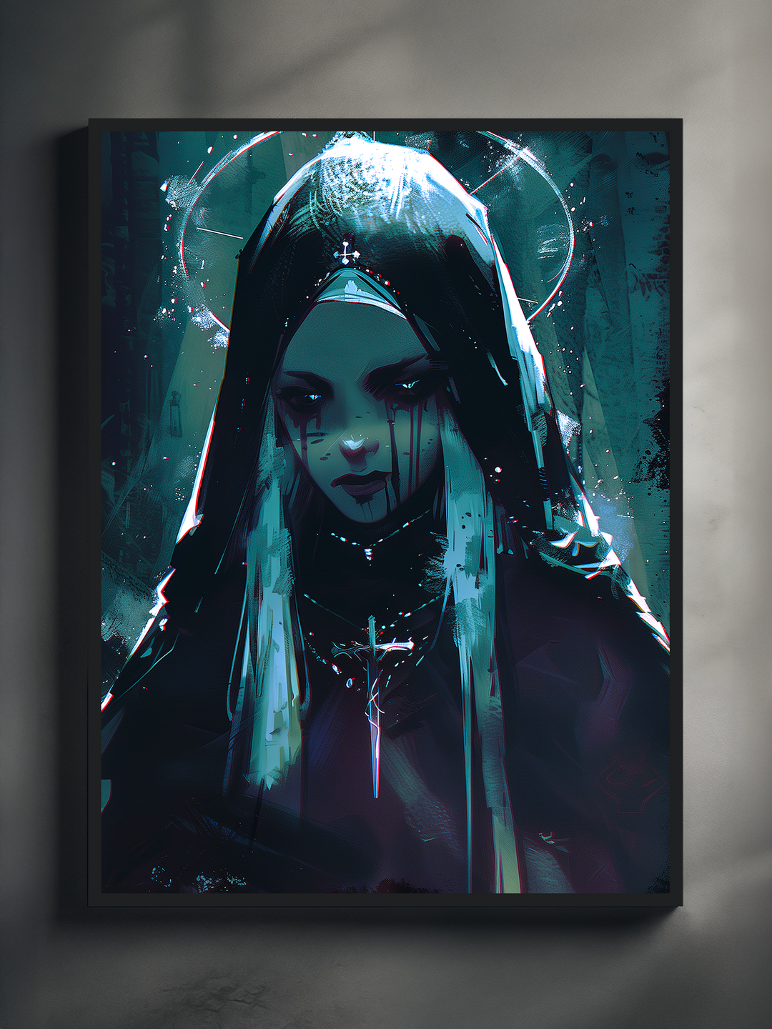 Striking wall art featuring a gothic nun with glowing halo and black tears, perfect for lovers of dark spiritual decor and mystical sacred symbolism.